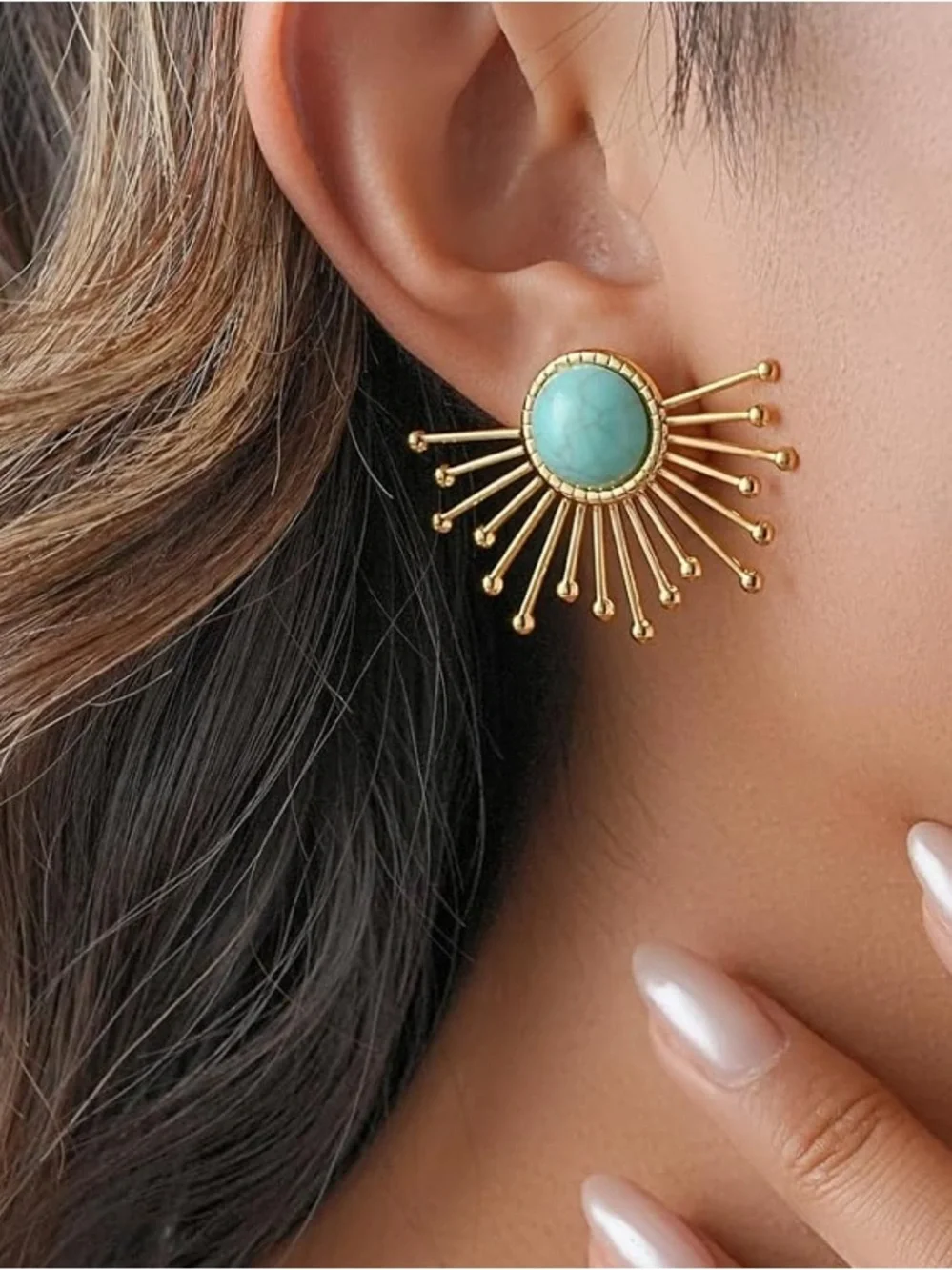 Anthropologie Gold color Sunburst Earrings with Turquoise Center